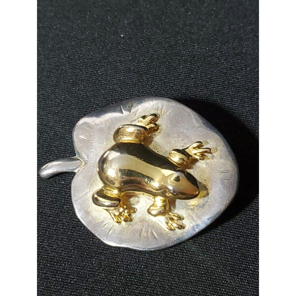Frog On Lily Pad Brooch Pin Gold and Silver Two Tone Metal